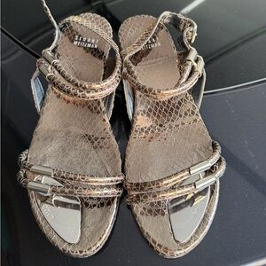 Stuart Weitzman Rolldown Metallic Micro-Wedge Ankle Strap Sandals 7